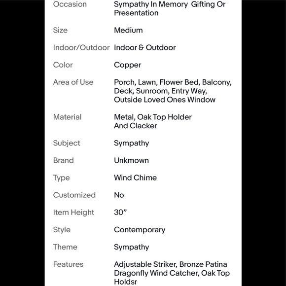 30” Wind chimes with oak top & oak clacker, copper tubbing & bronze dragonfly - Picture 11 of 11